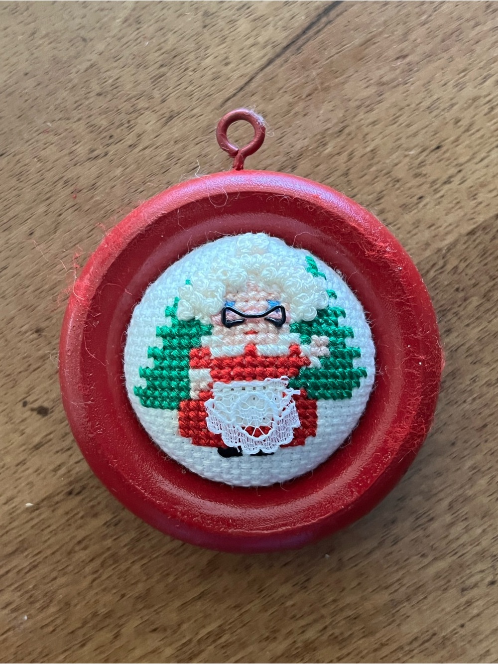 Mrs claus cross stitch ornament vintage red wood framed Christmas needlepoint